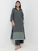Cotton Striped A-Line Kurta Set - Grey