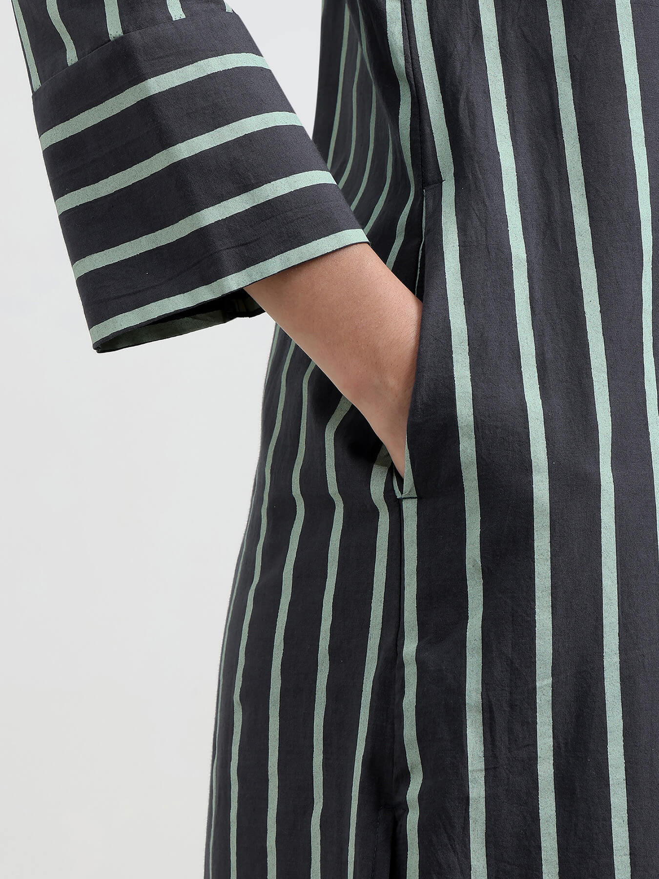 Cotton Striped A-Line Kurta Set - Grey