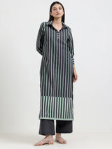 Cotton Striped A-Line Kurta Set - Grey