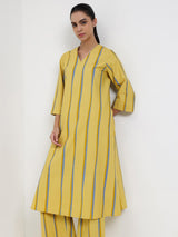 Cotton Striped A-Line Kurta Set - Yellow