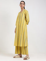 Cotton Striped A-Line Kurta Set - Yellow