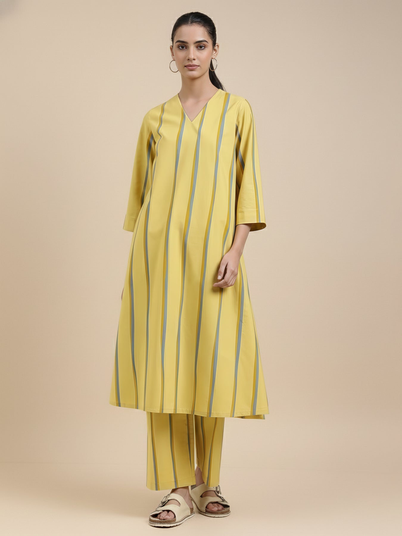Cotton Striped A-Line Kurta Set - Yellow