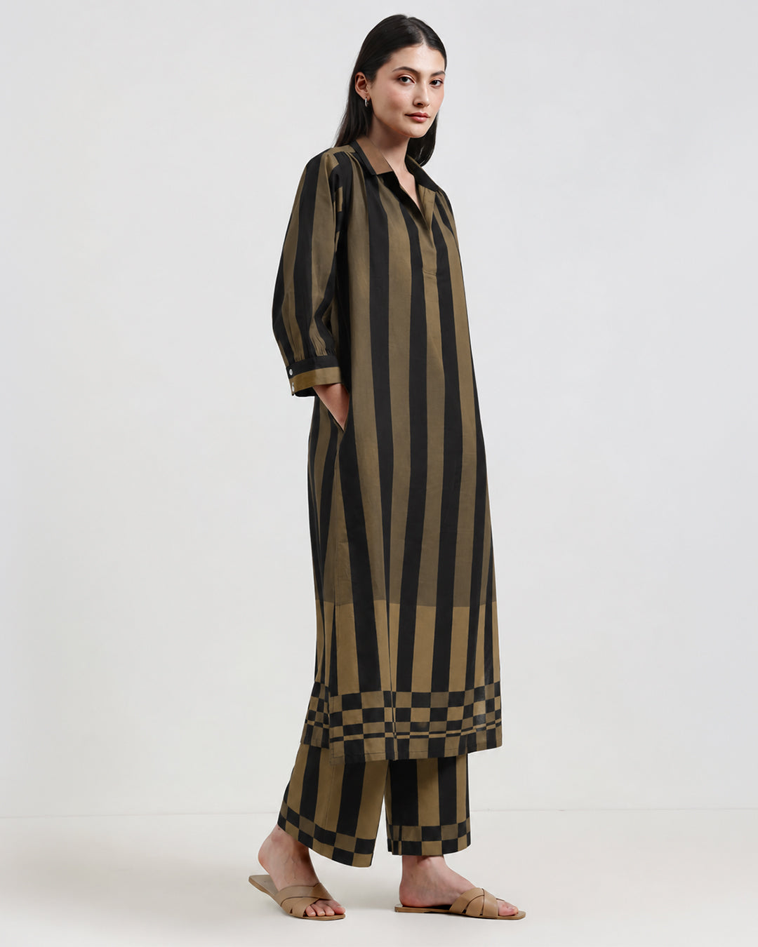 Cotton Striped A-Line Kurta Set - Black & Olive