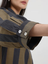 Cotton Striped A-Line Kurta Set - Black & Olive