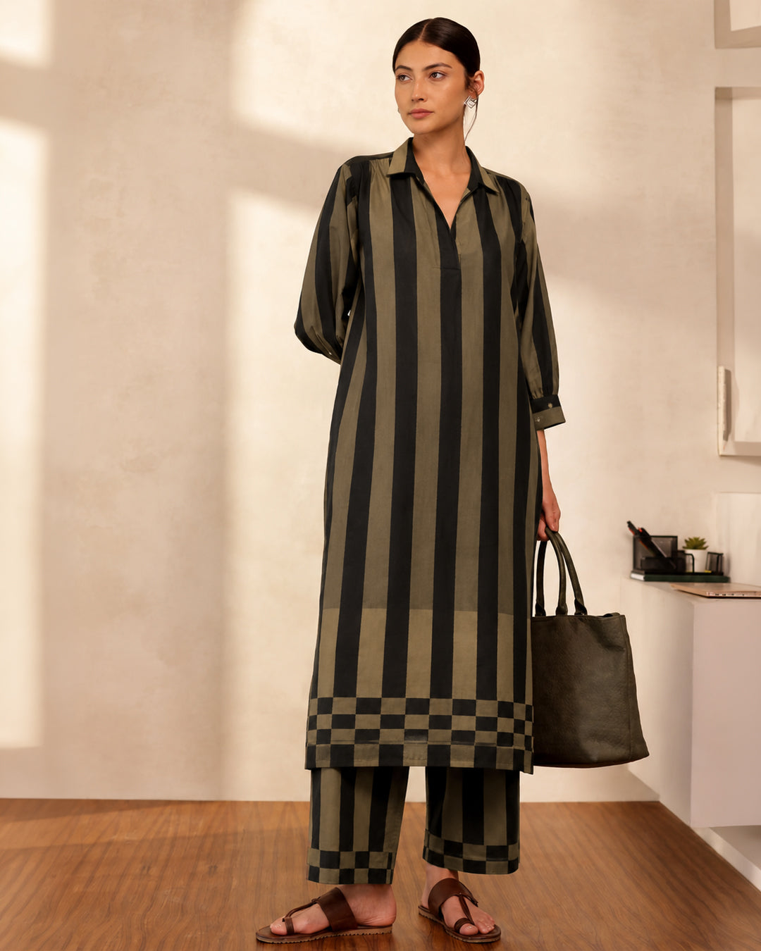 Cotton Striped A-Line Kurta Set - Black & Olive