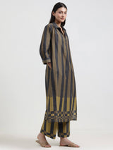 Cotton Striped A-Line Kurta Set - Black & Olive