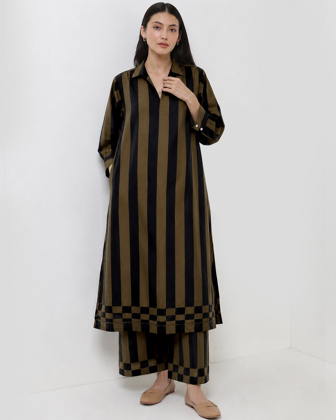 Cotton Striped A-Line Kurta Set - Black & Olive