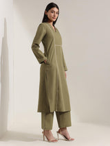 Cotton Colourblock A-Line Kurta Set - Green