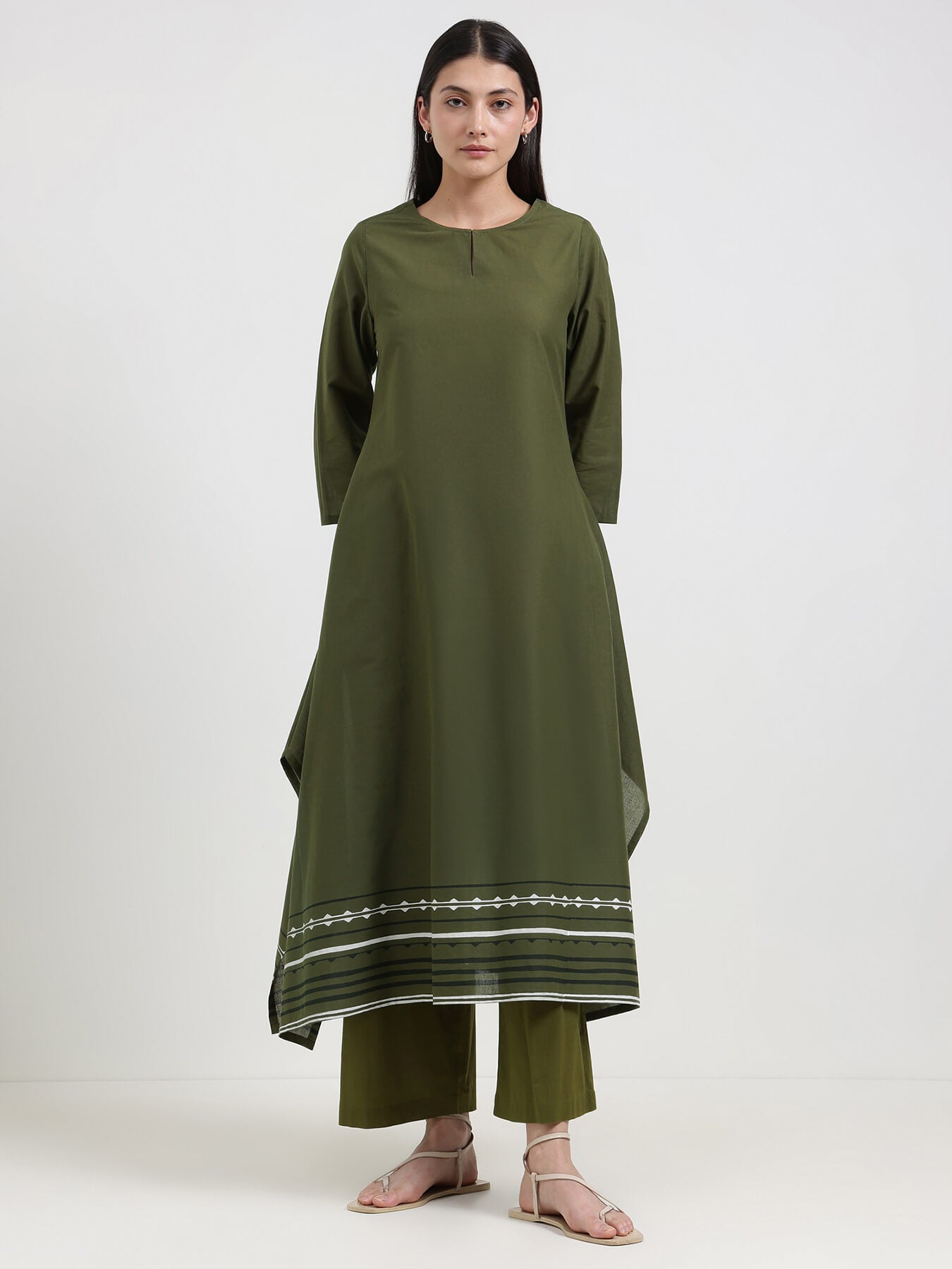 Cotton Striped A-Line Kurta Set - Green