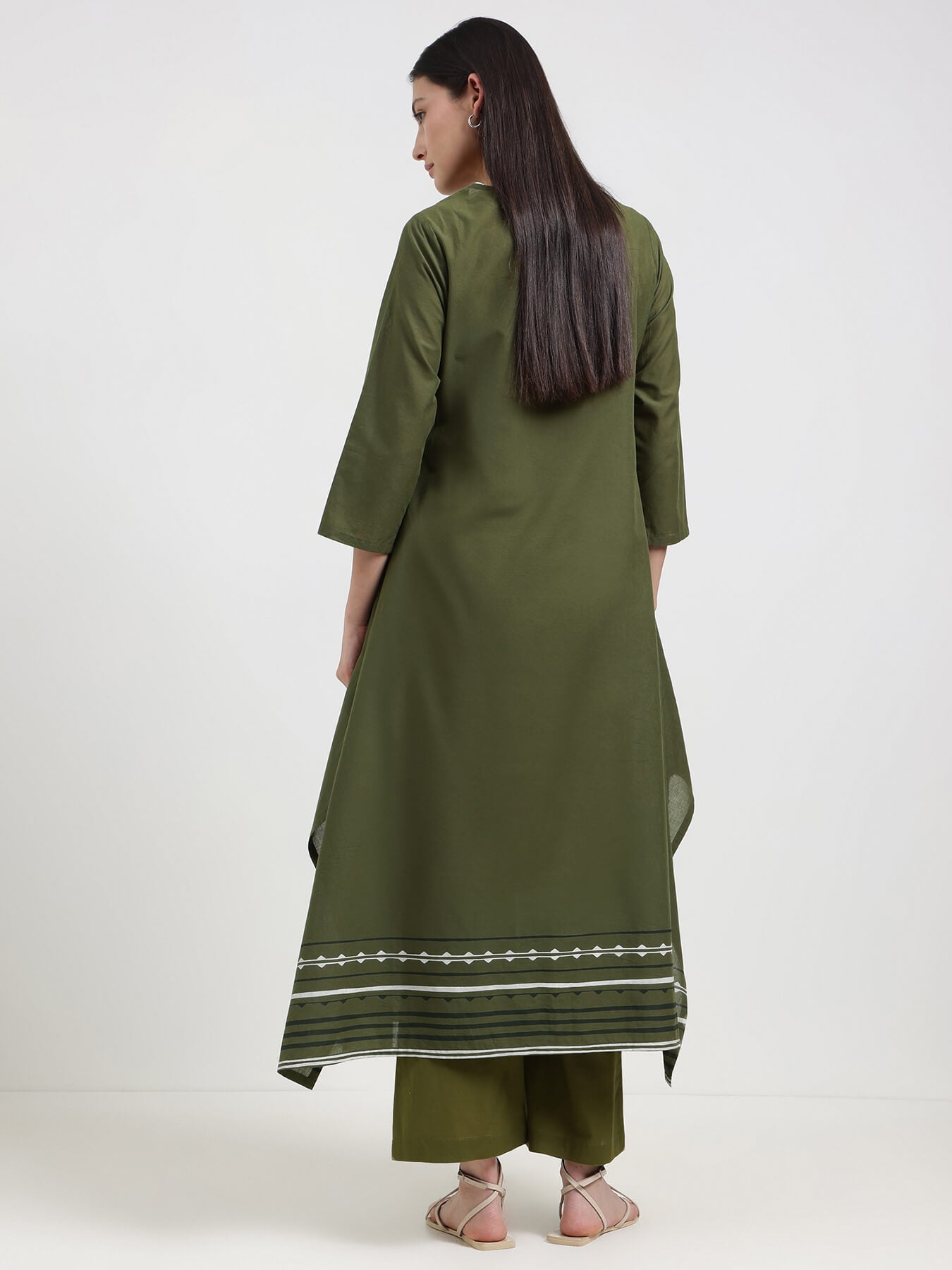 Cotton Striped A-Line Kurta Set - Green