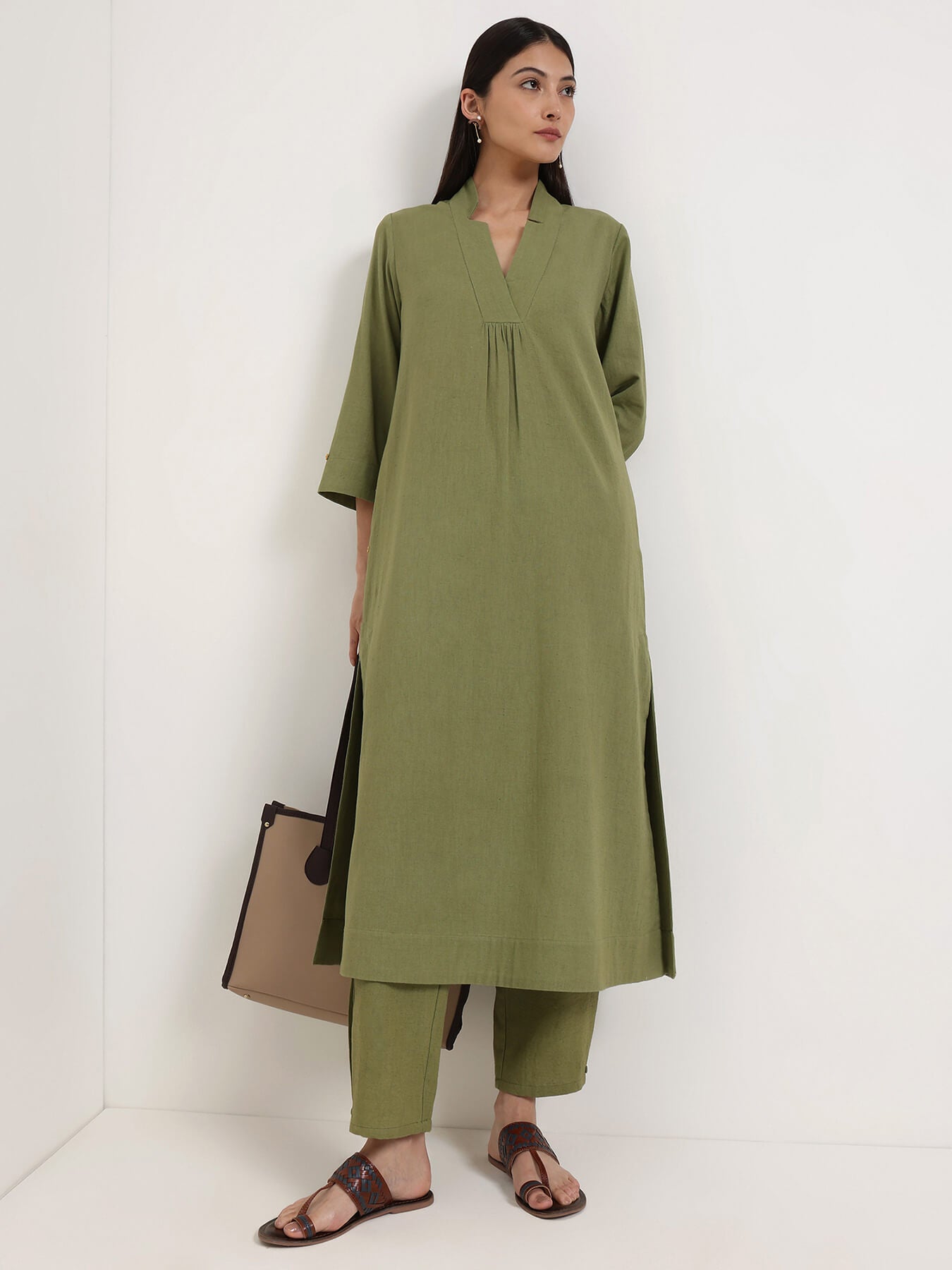 Linen Blend Solid A-Line Kurta Set - Green