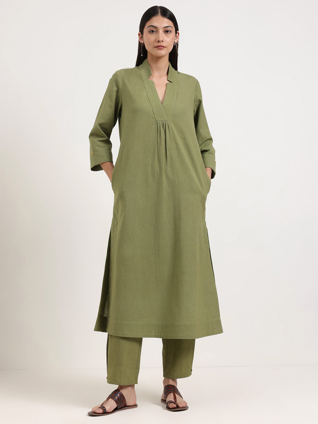 Linen Blend Solid A-Line Kurta Set - Green