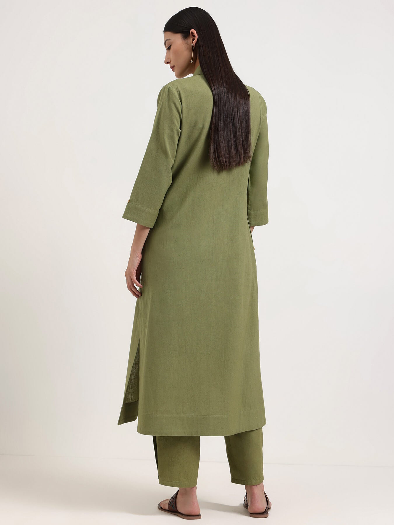Linen Blend Solid A-Line Kurta Set - Green