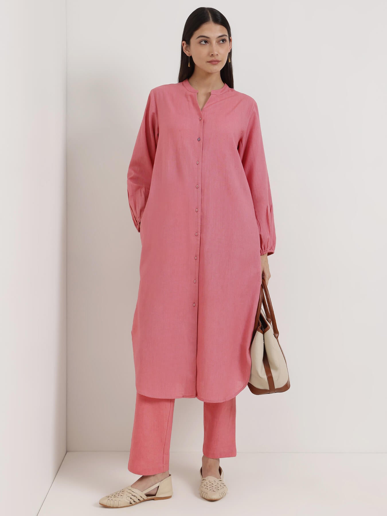 Linen Blend Solid A-Line Kurta Set - Pink
