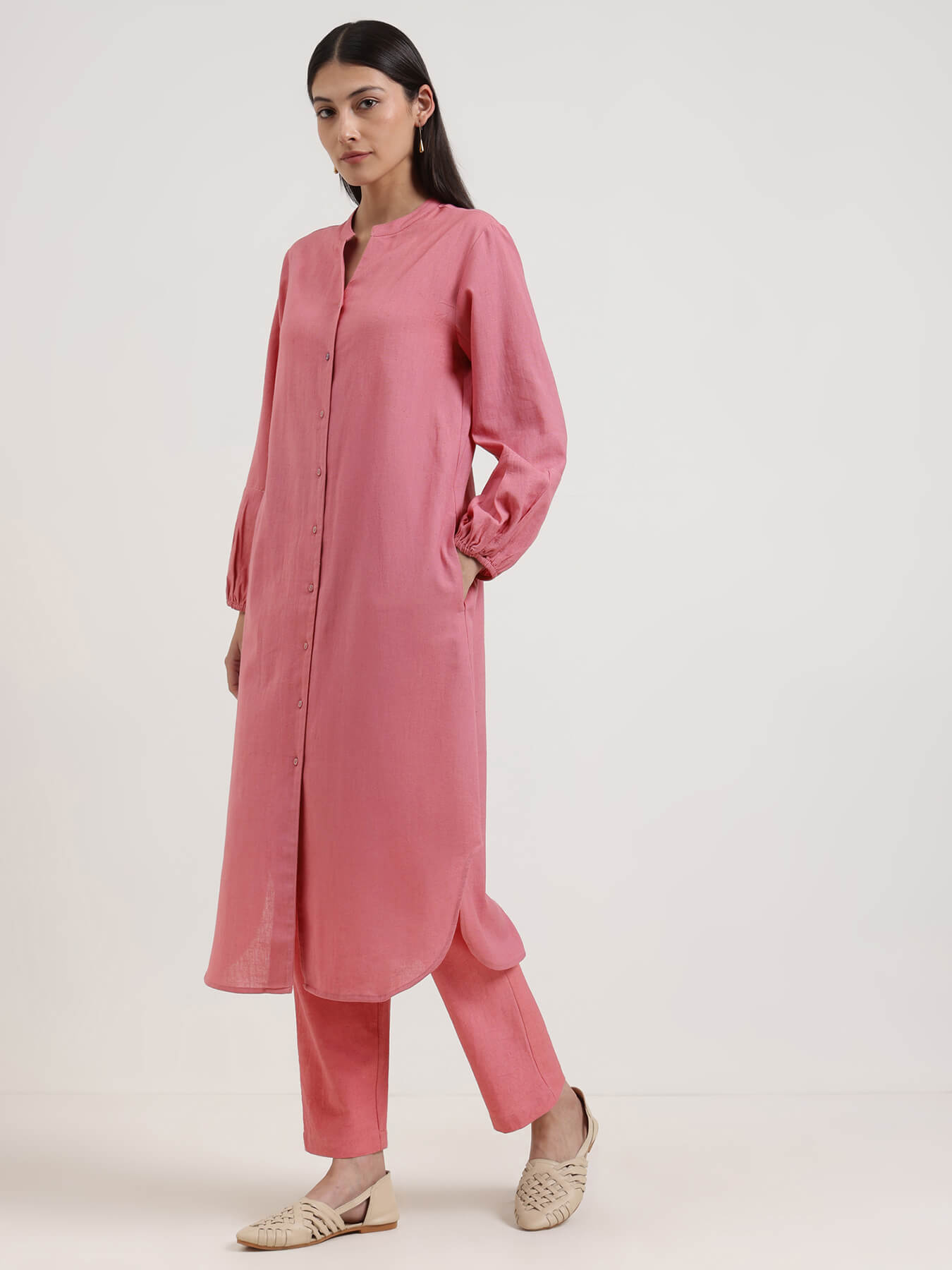 Linen Blend Solid A-Line Kurta Set - Pink