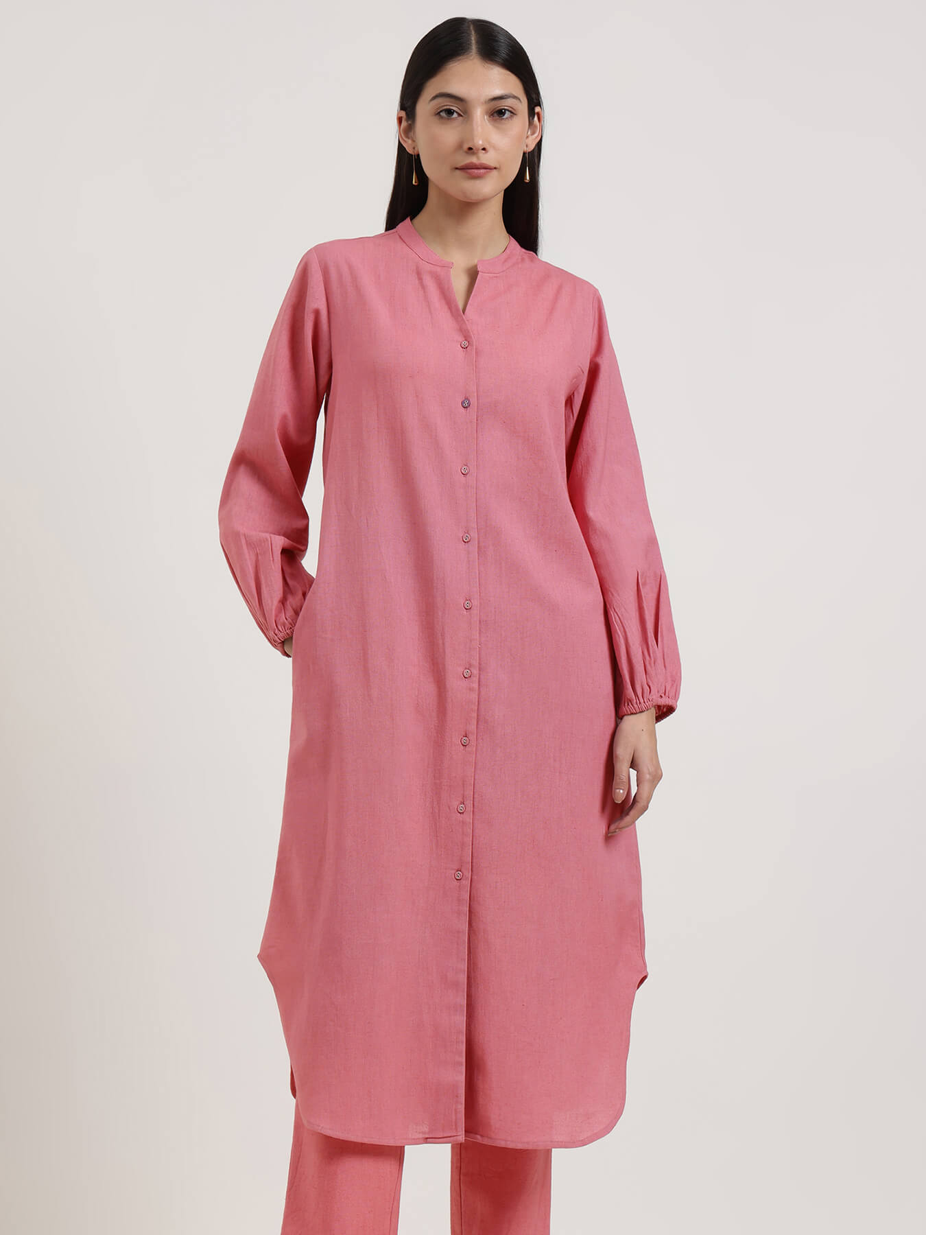 Linen Blend Solid A-Line Kurta Set - Pink