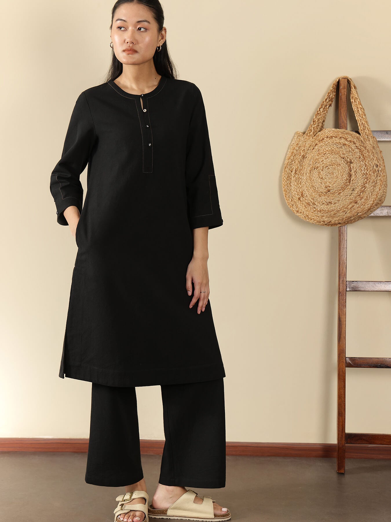 Linen Blend Solid A-Line Kurta Set - Black