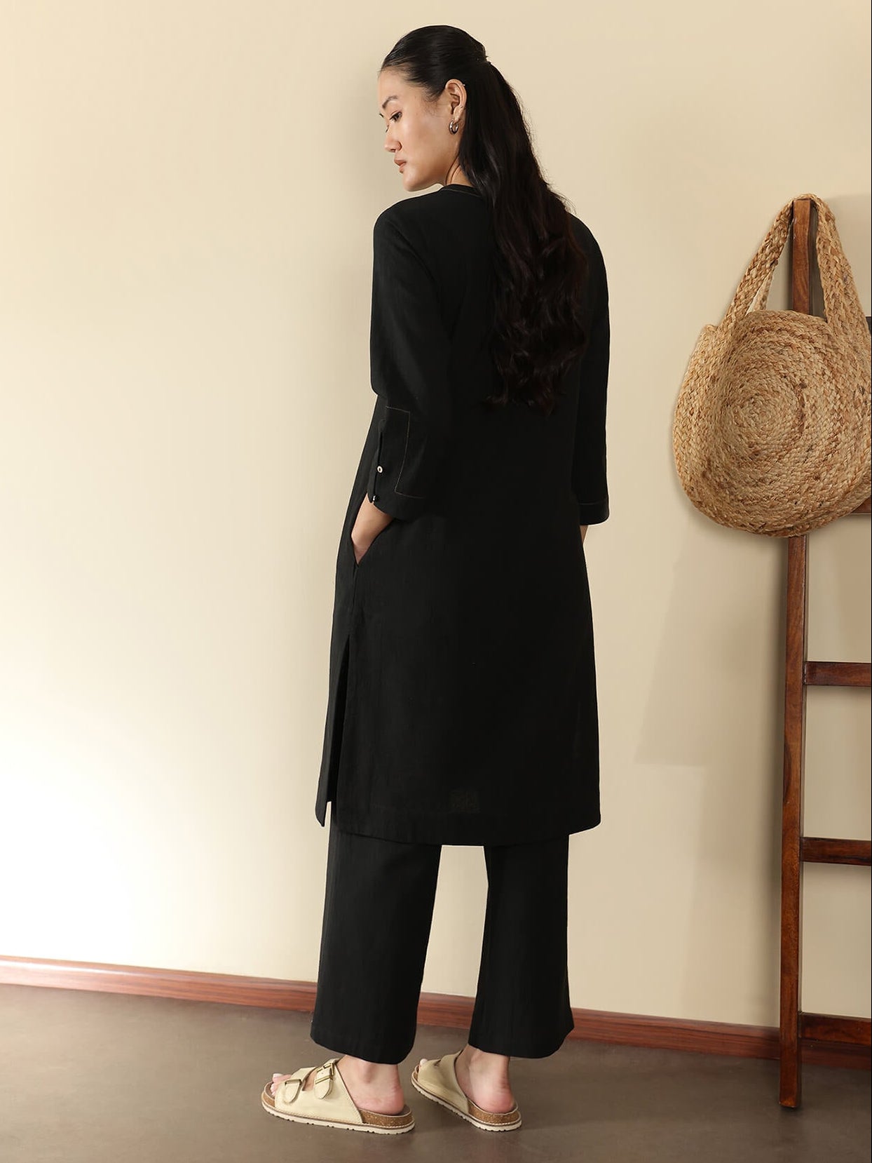 Linen Blend Solid A-Line Kurta Set - Black