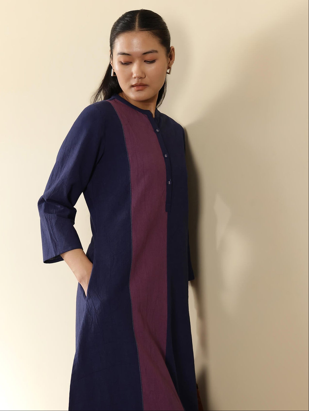 Linen Blend Colourblock Kurta Set - Navy Blue