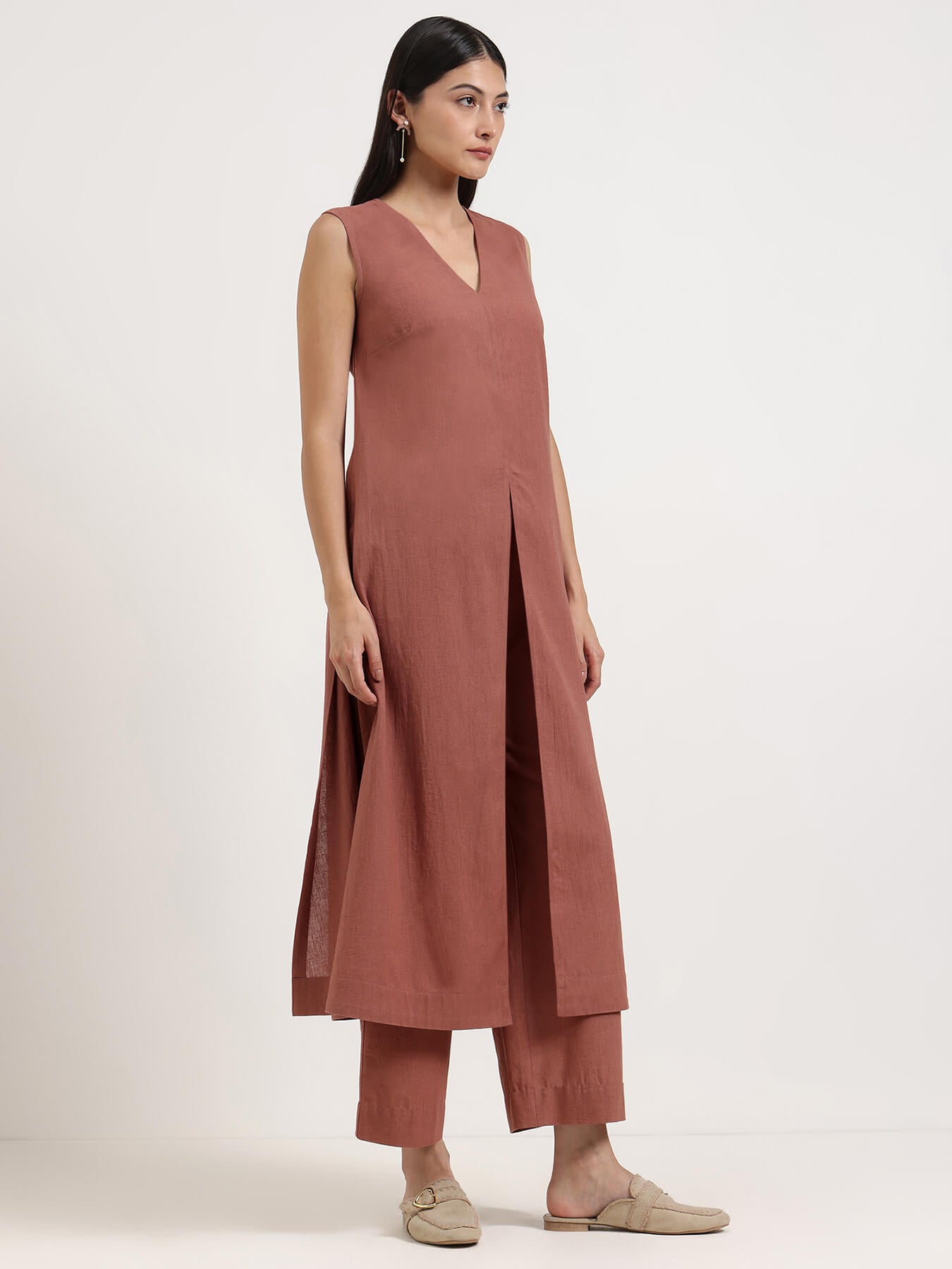 Linen Blend Solid A-Line Kurta Set - Rust