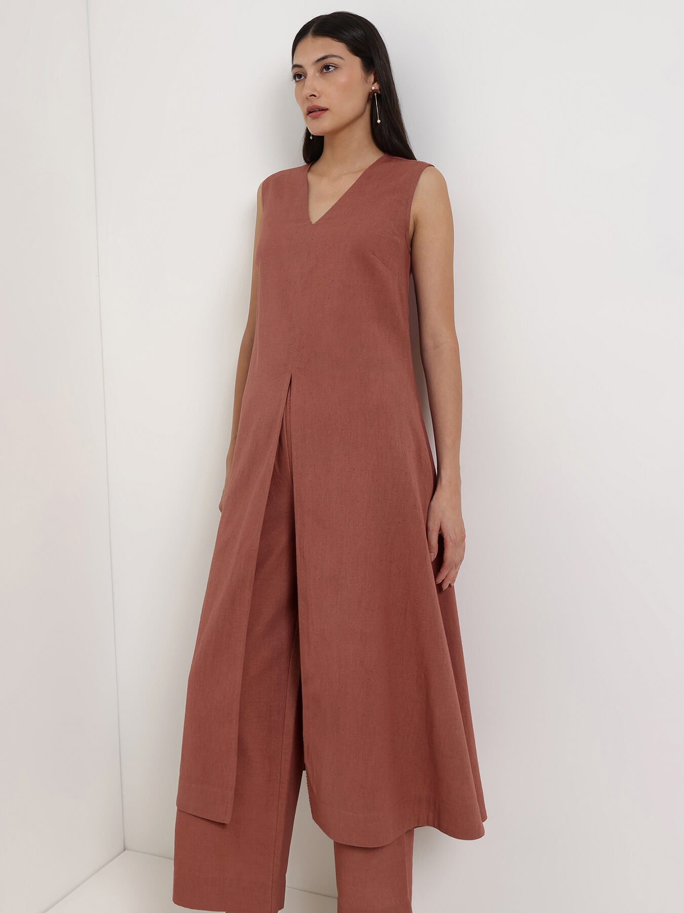 Linen Blend Solid A-Line Kurta Set - Rust