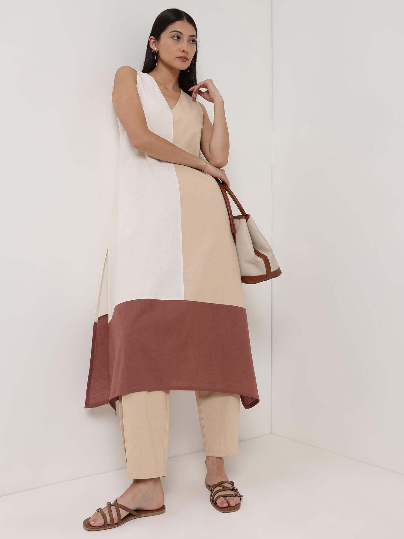 Linen Blend Colourblock Kurta Set - Beige and Bronze