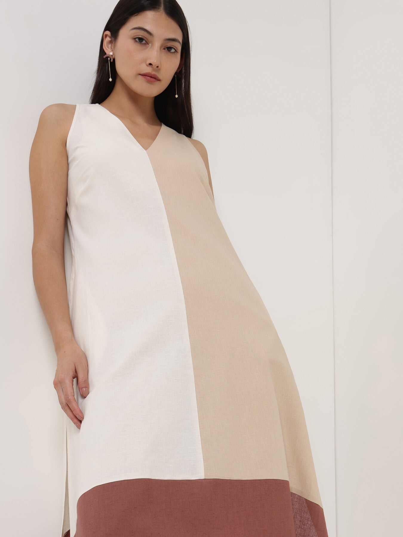 Linen Blend Colourblock Kurta Set - Beige and Bronze