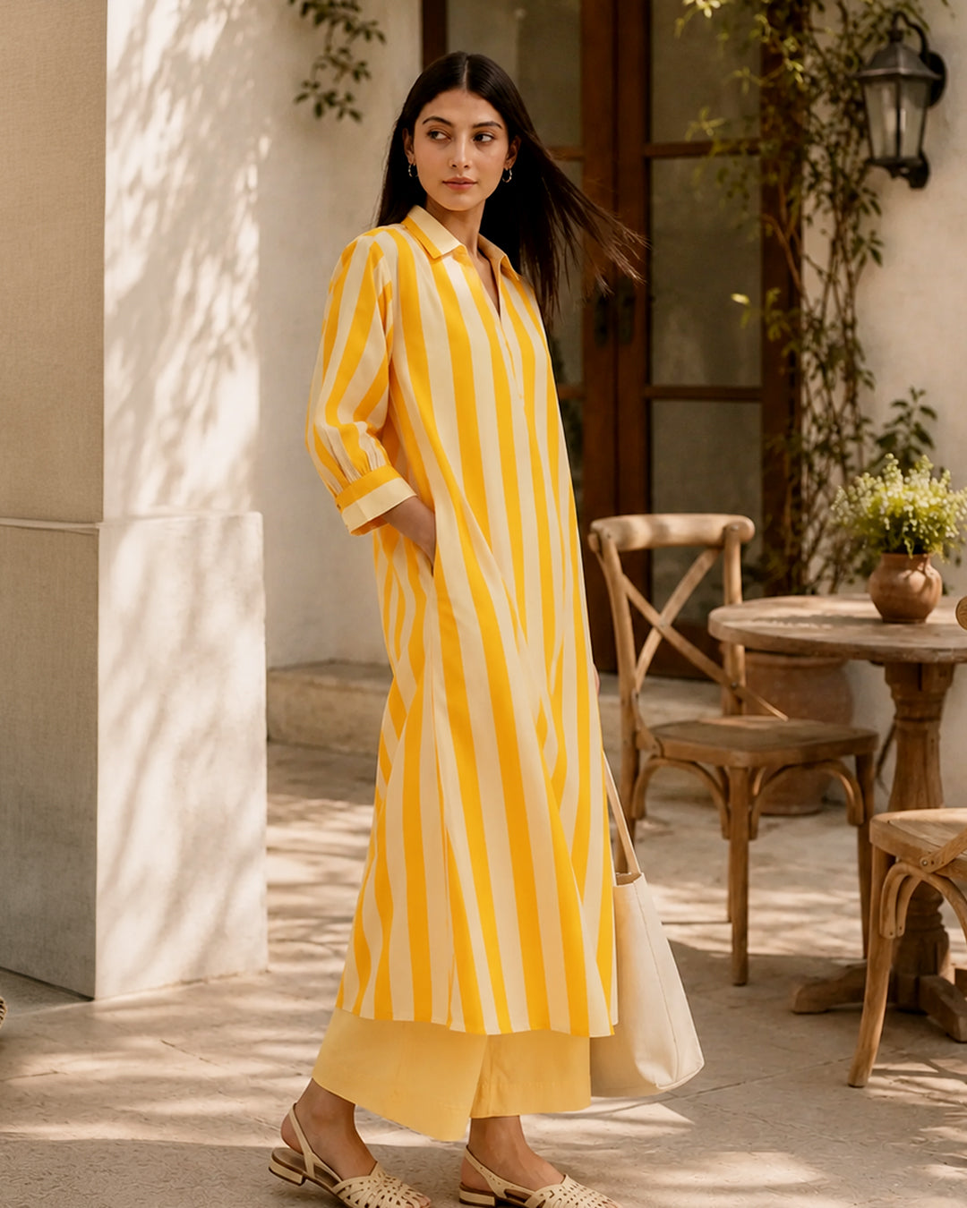 Cotton Striped Shirt Collar Kurta Set - Yellow