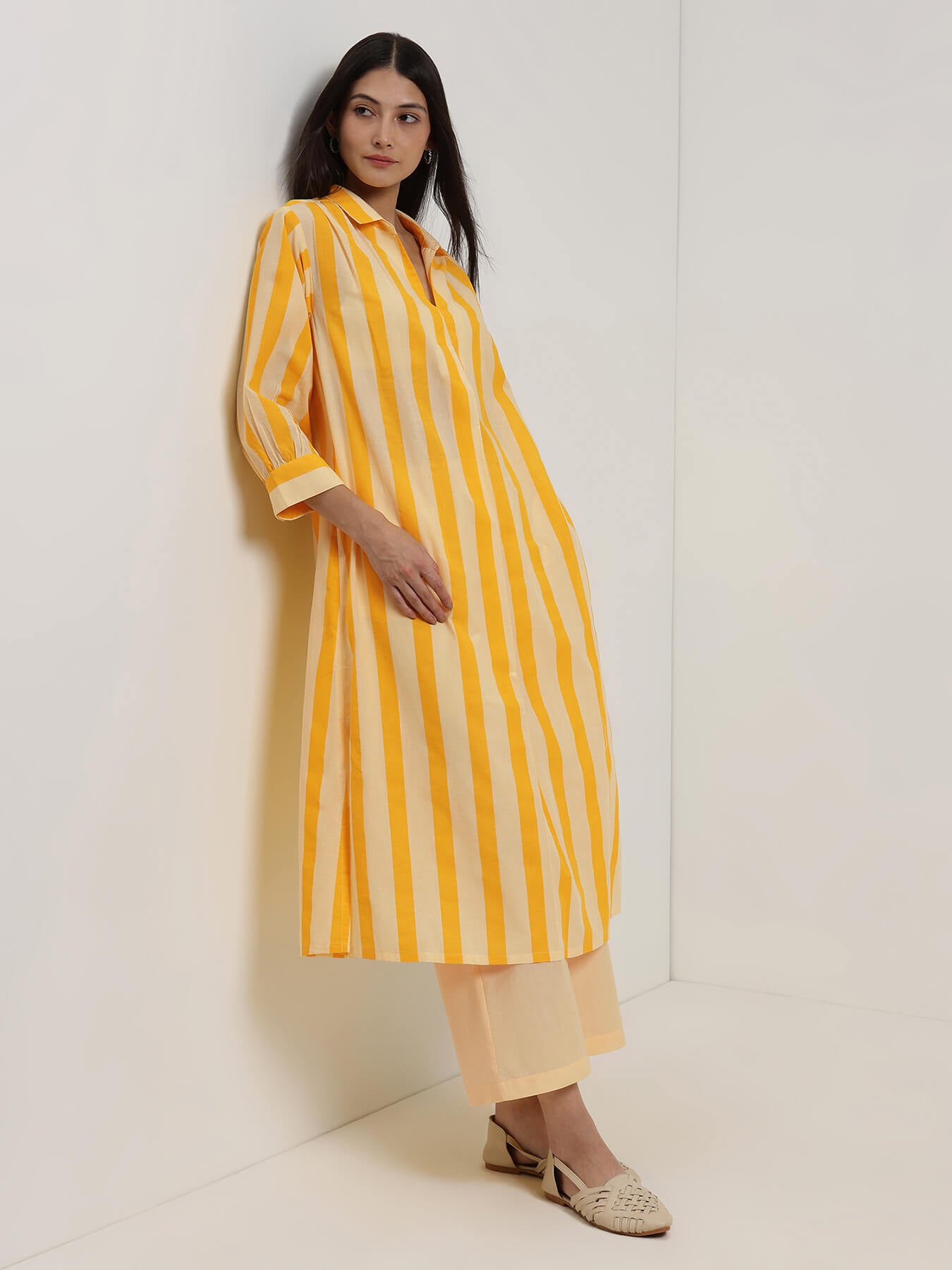 Cotton Striped Shirt Collar Kurta Set - Yellow
