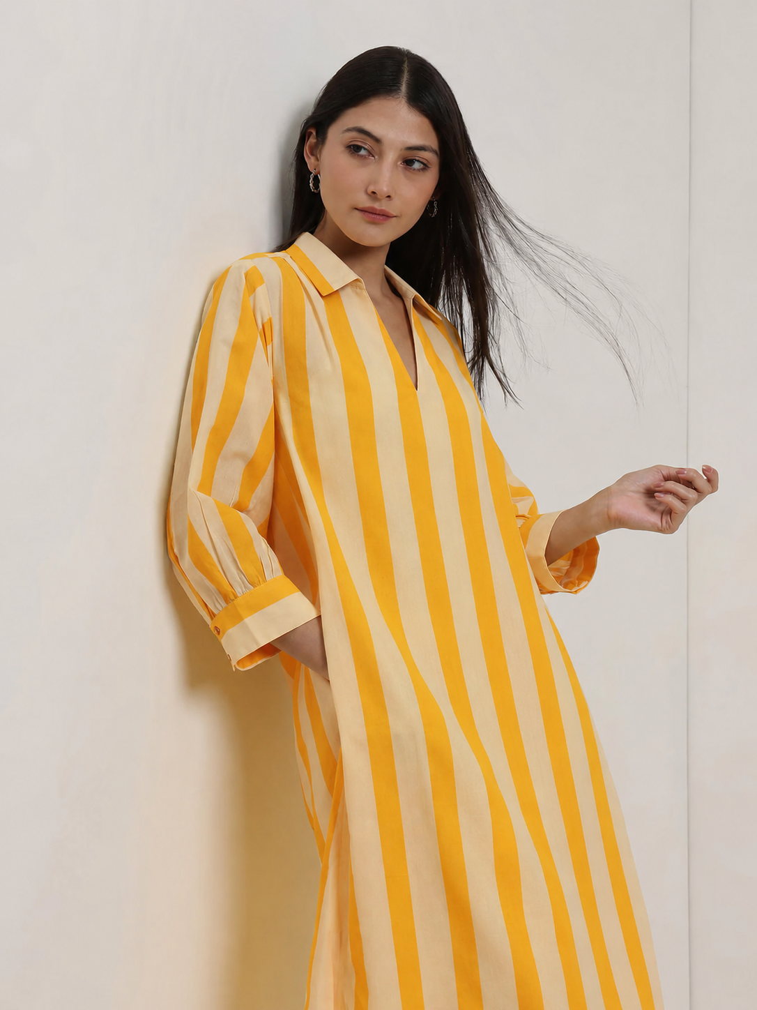 Cotton Striped Shirt Collar Kurta Set - Yellow