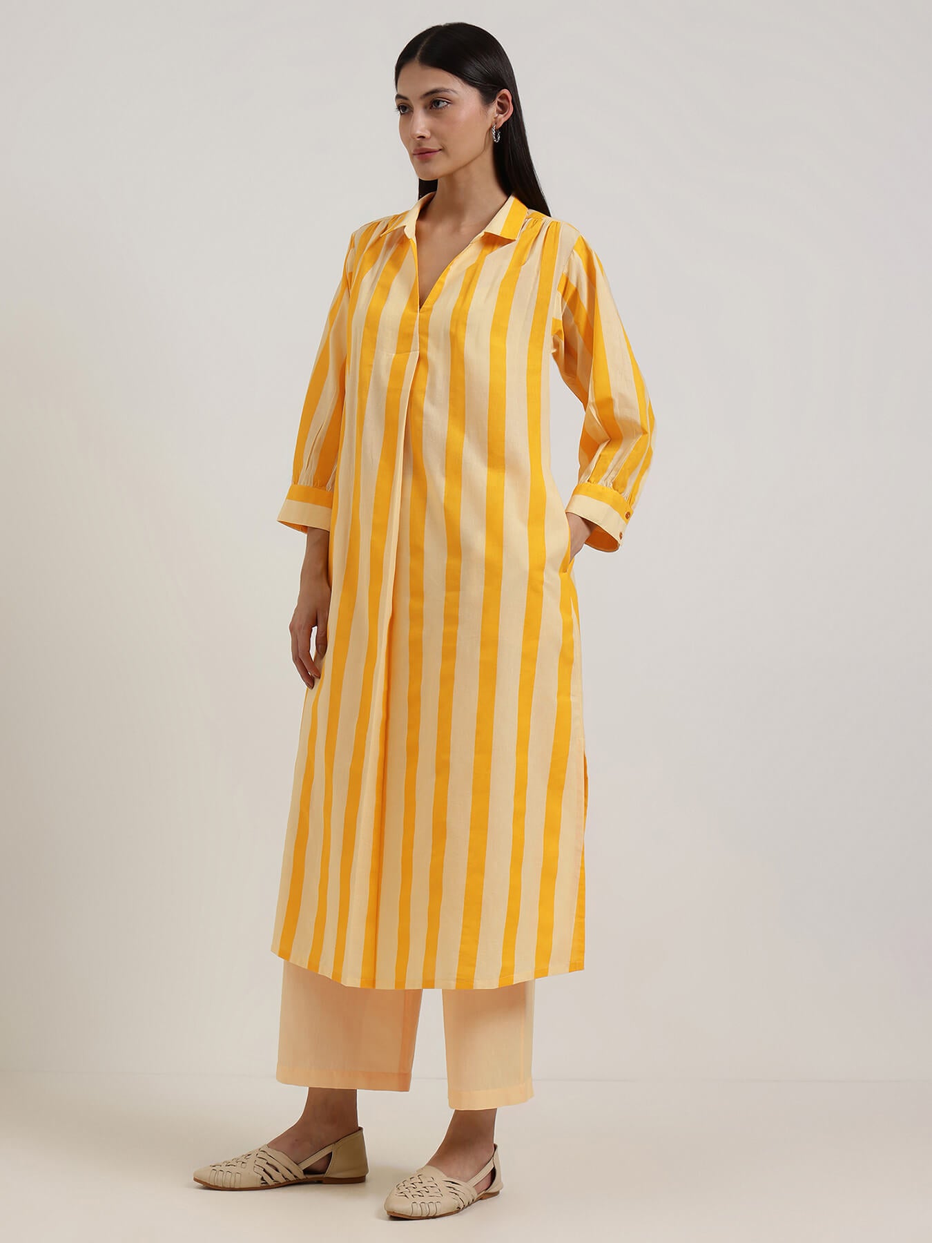 Cotton Striped Shirt Collar Kurta Set - Yellow
