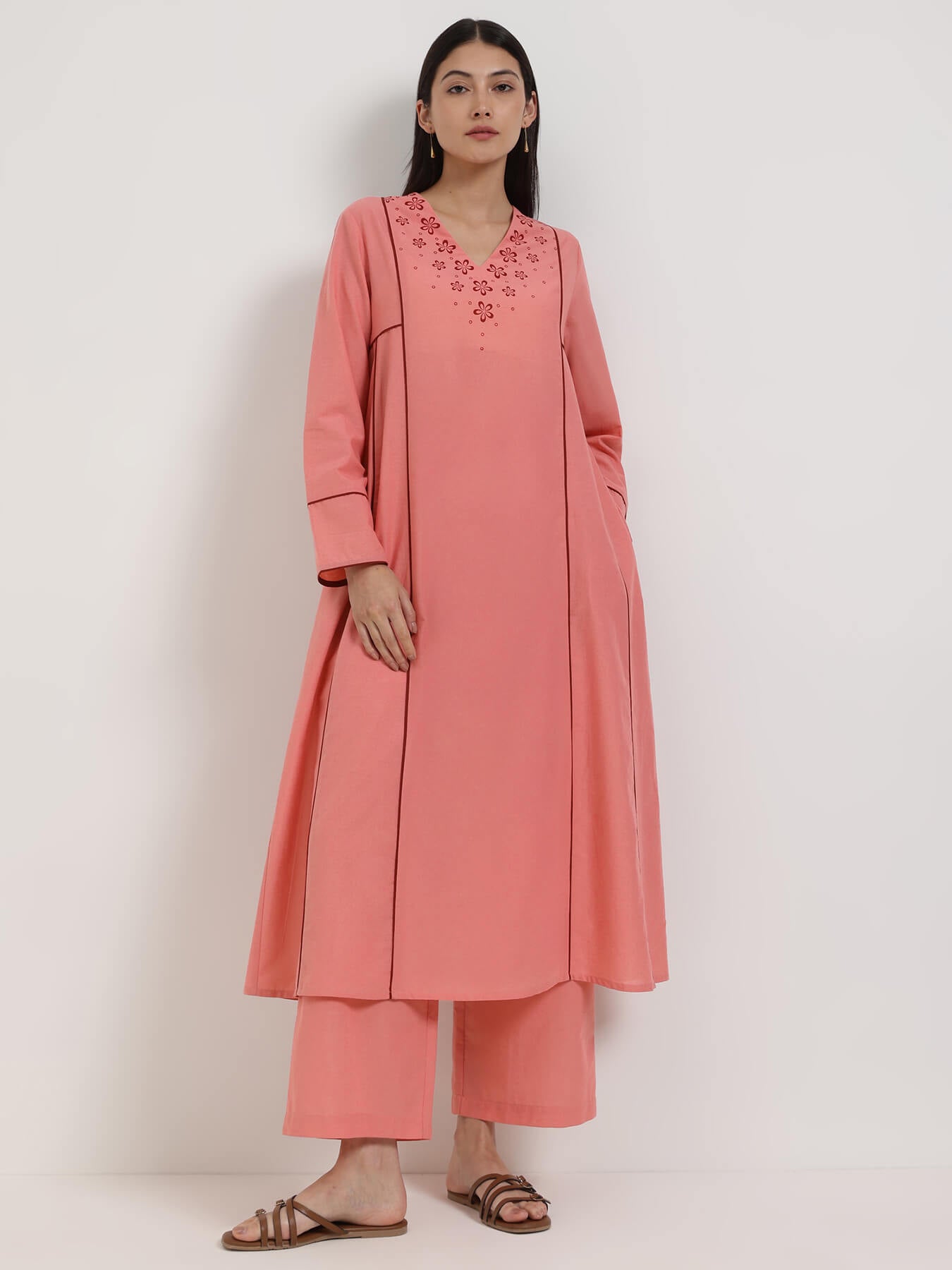 Cotton Floral A-Line Kurta Set - Peach