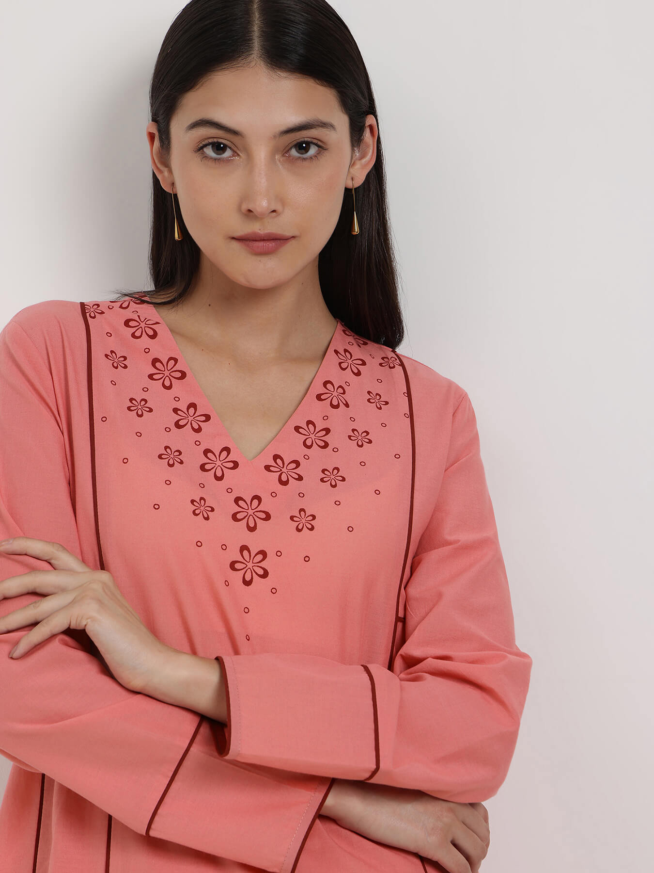 Cotton Floral A-Line Kurta Set - Peach