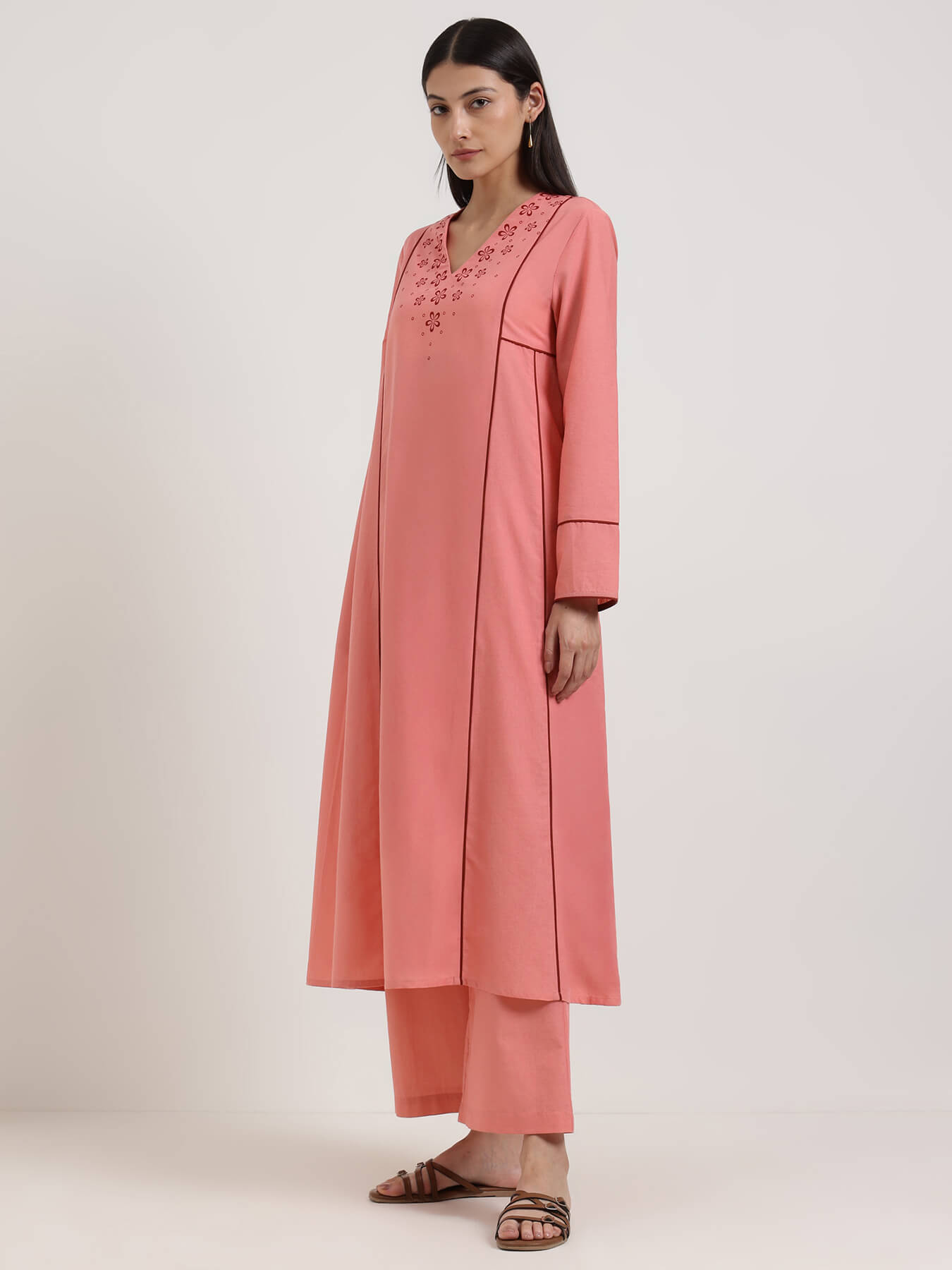 Cotton Floral A-Line Kurta Set - Peach