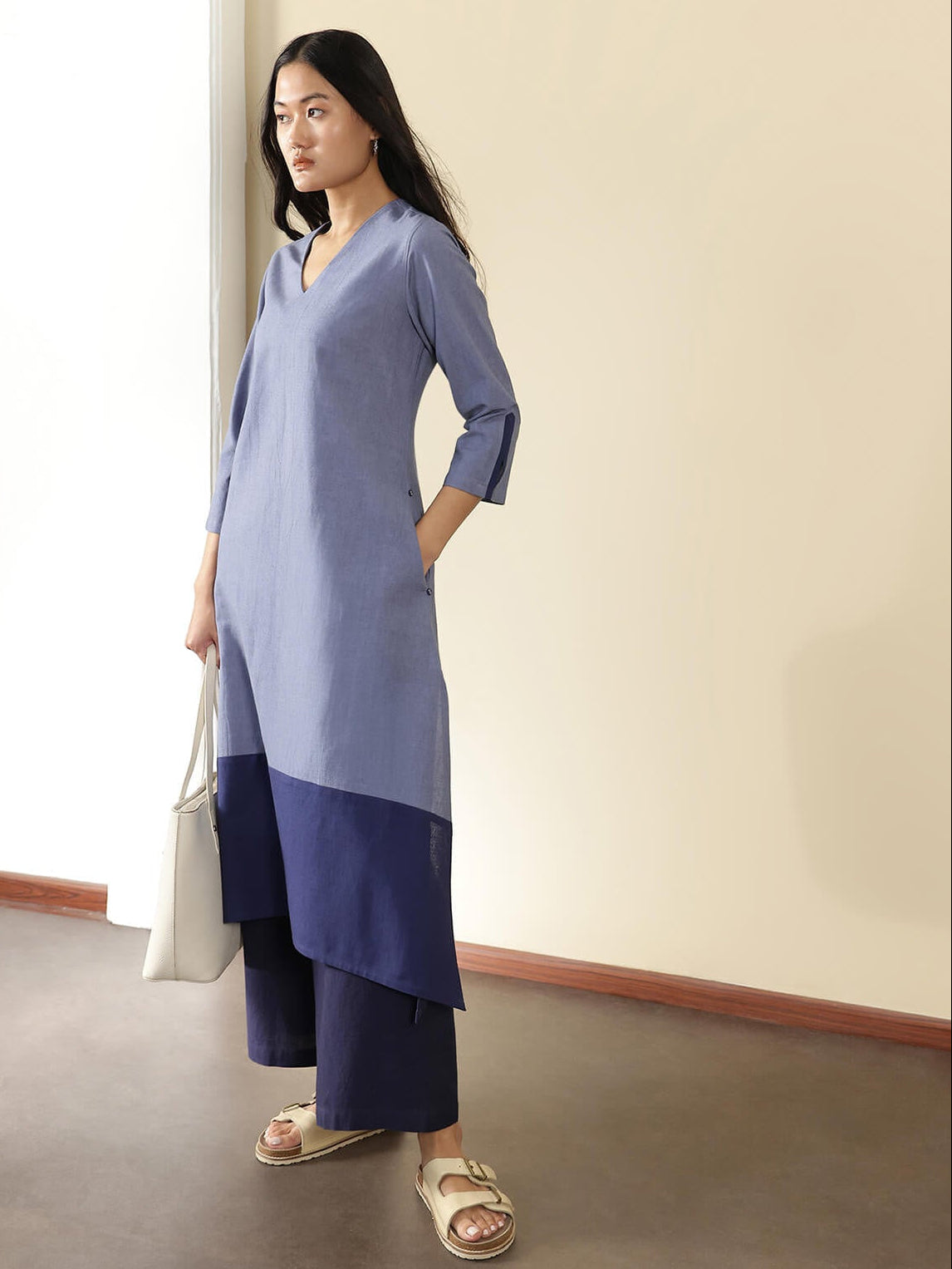 Linen Blend Colourblock A-Line Kurta Set - Blue