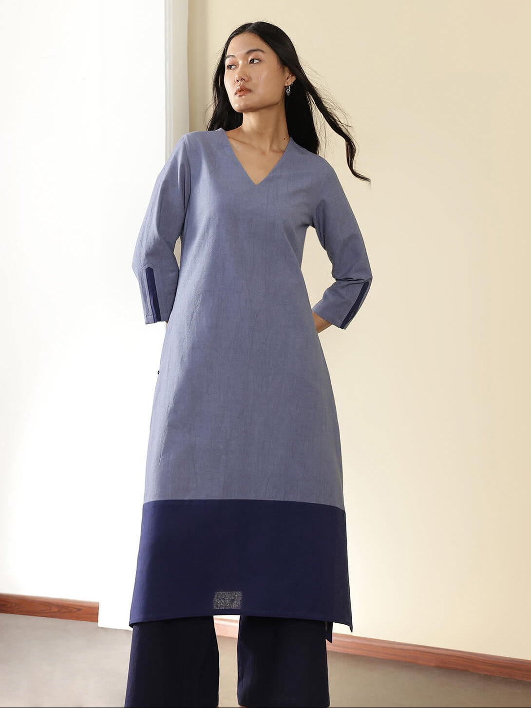 Linen Blend Colourblock A-Line Kurta Set - Blue