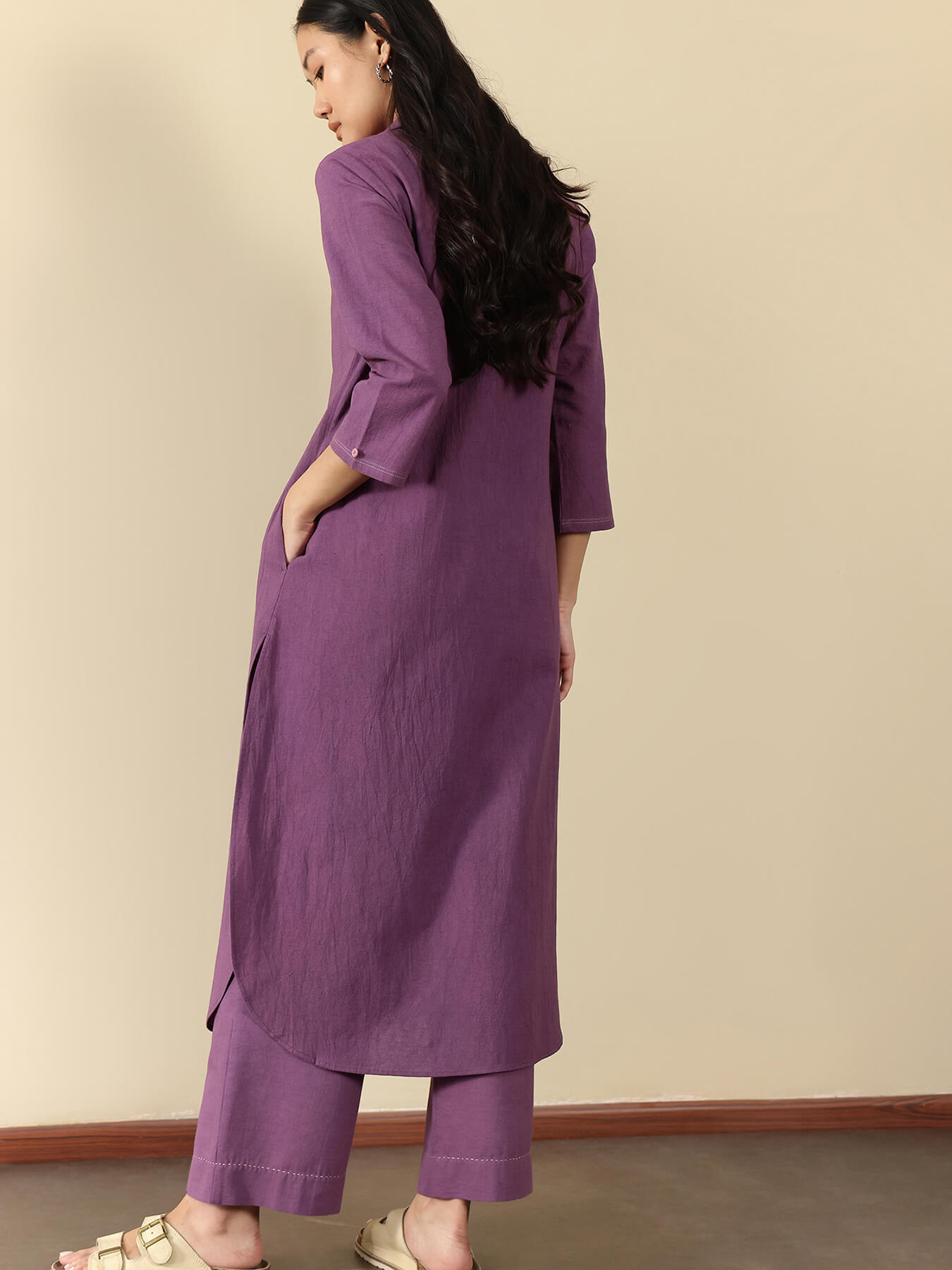 Linen Blend Solid A-Line Kurta Set - Purple
