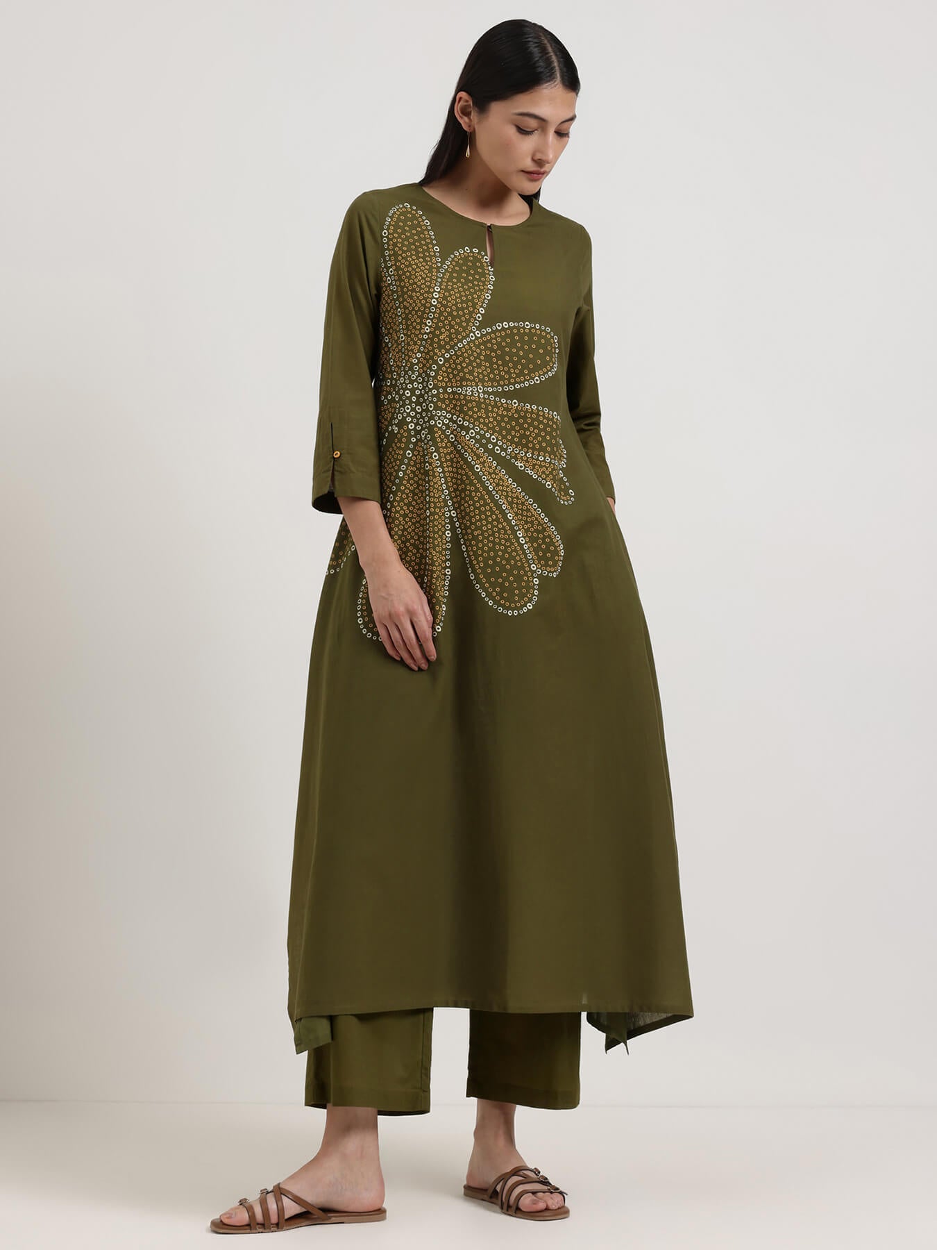 Cotton Bandhani-Inspired Print Kurta Set - Olive