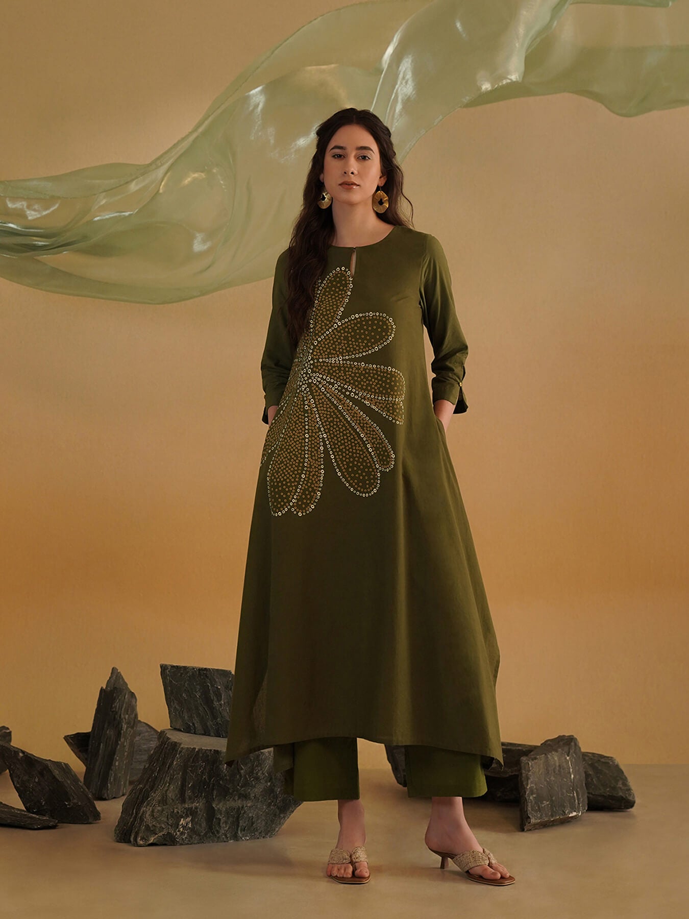 Cotton Bandhani-Inspired Print Kurta Set - Olive
