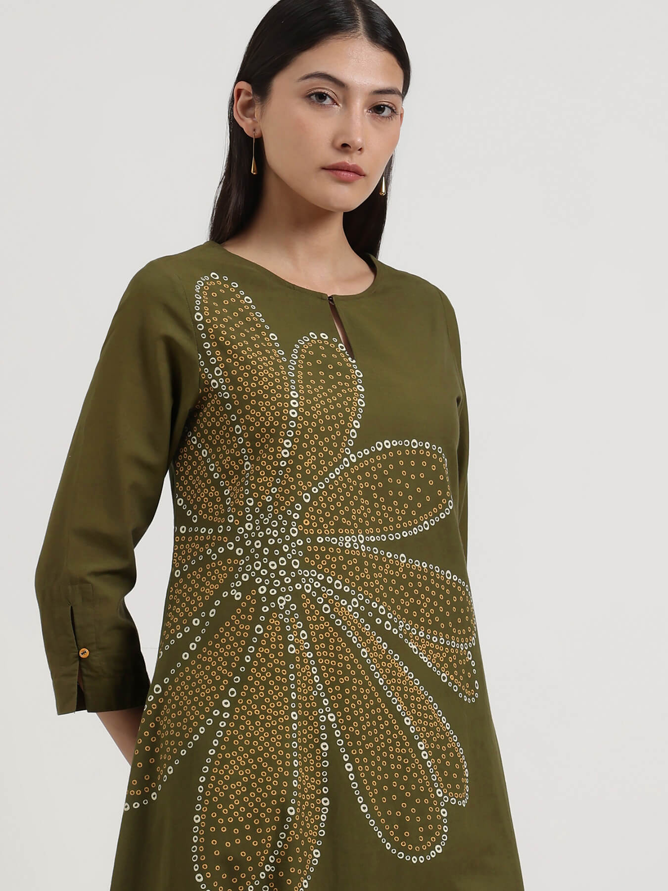 Cotton Bandhani-Inspired Print Kurta Set - Olive