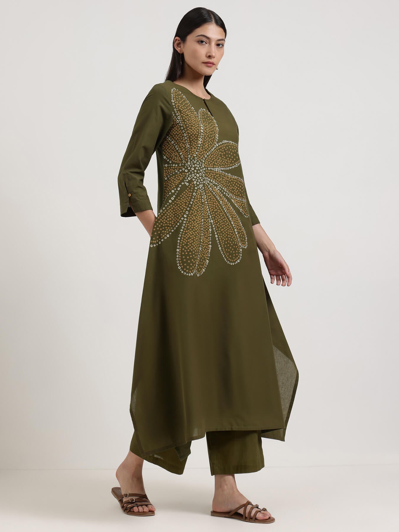 Cotton Bandhani-Inspired Print Kurta Set - Olive