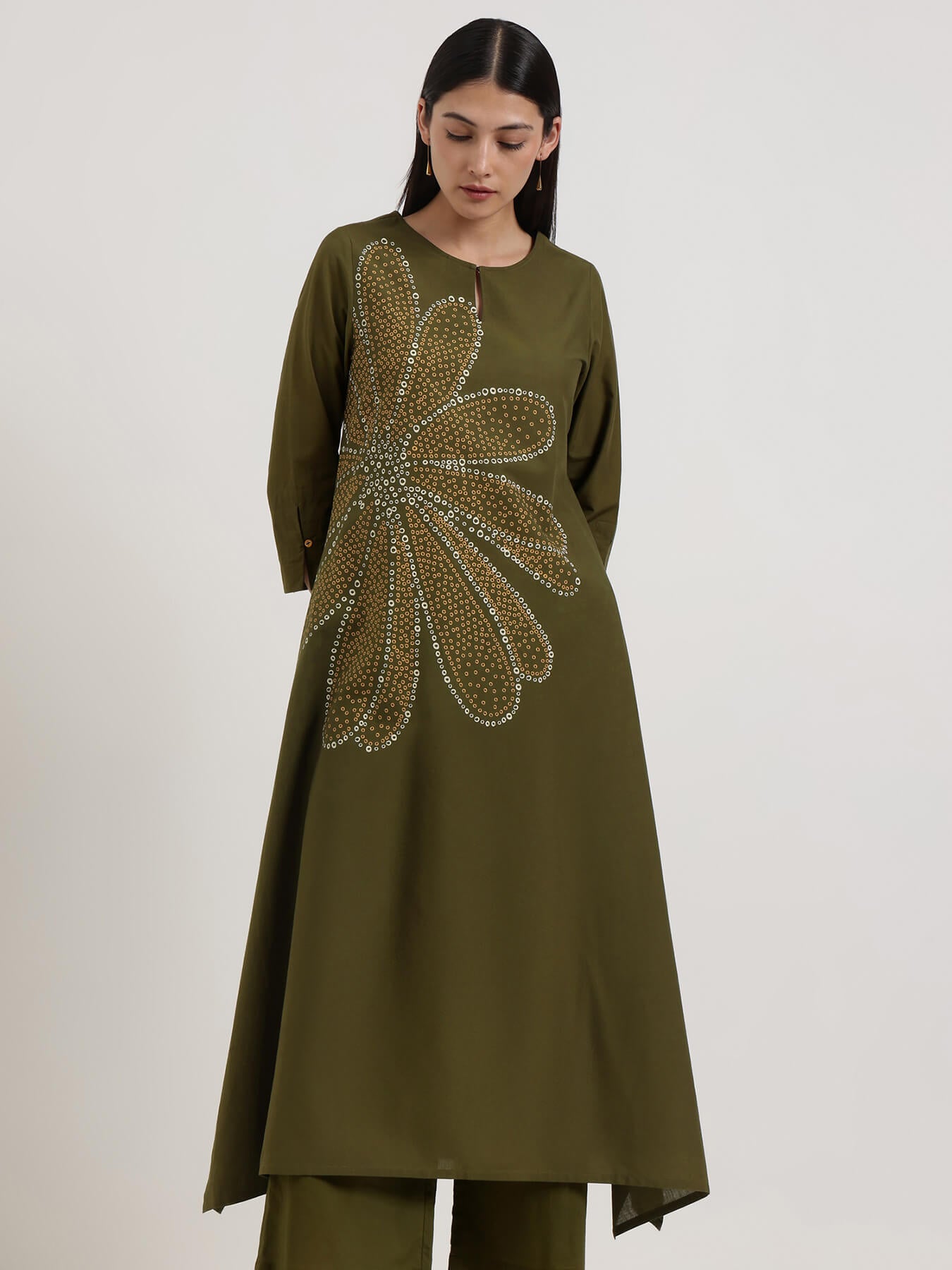 Cotton Bandhani-Inspired Print Kurta Set - Olive