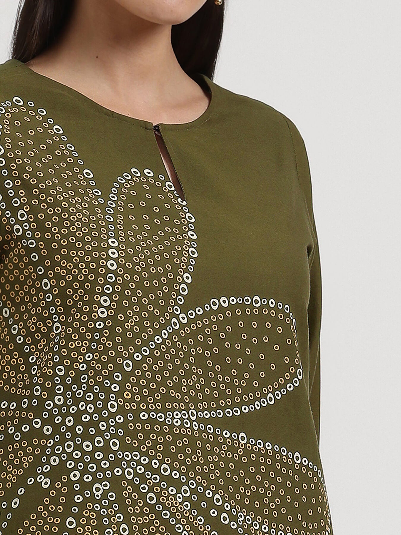 Cotton Bandhani-Inspired Print Kurta Set - Olive