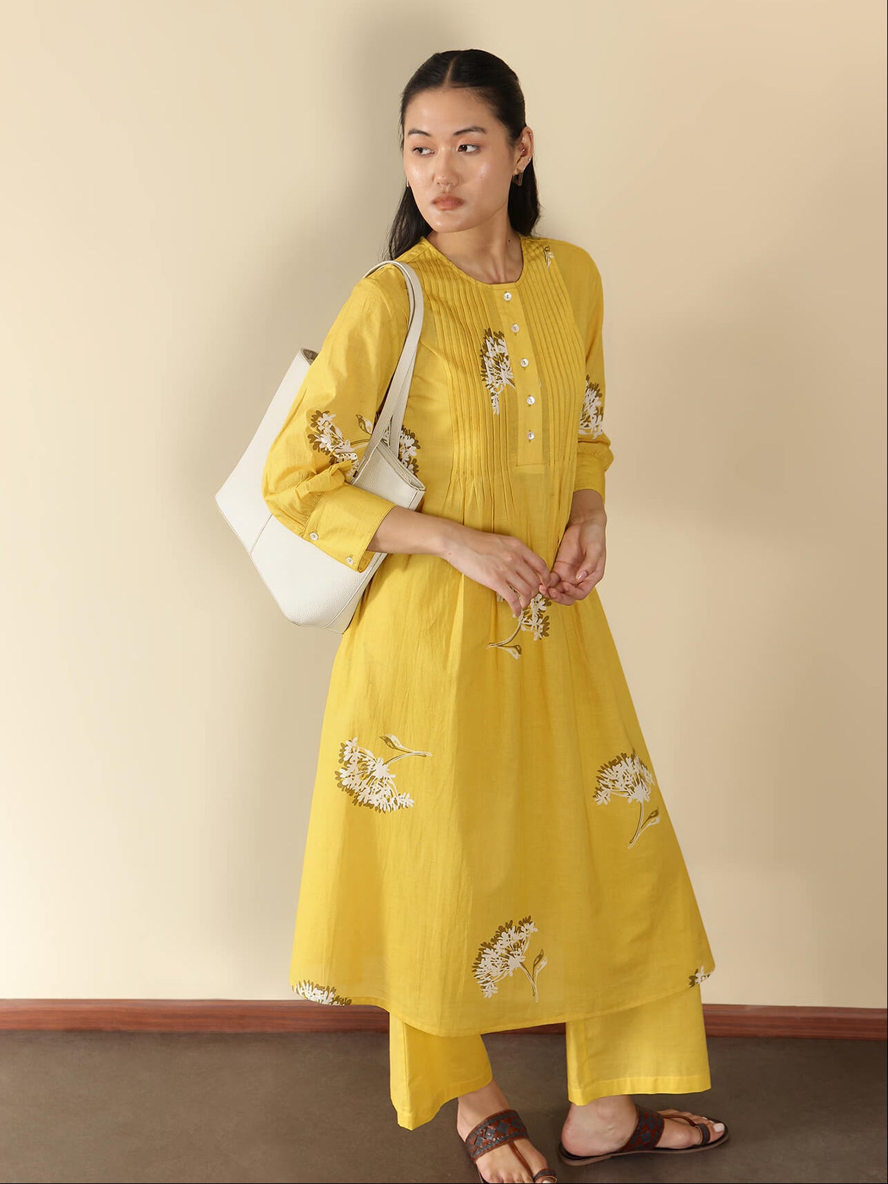Cotton Floral A-Line Kurta Set - Yellow