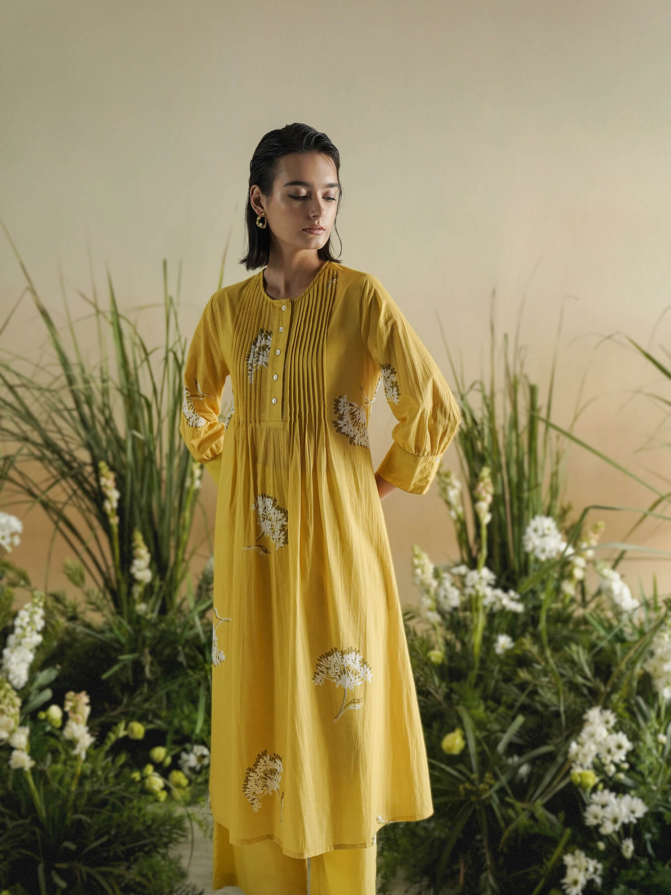 Cotton Floral A-Line Kurta Set - Yellow