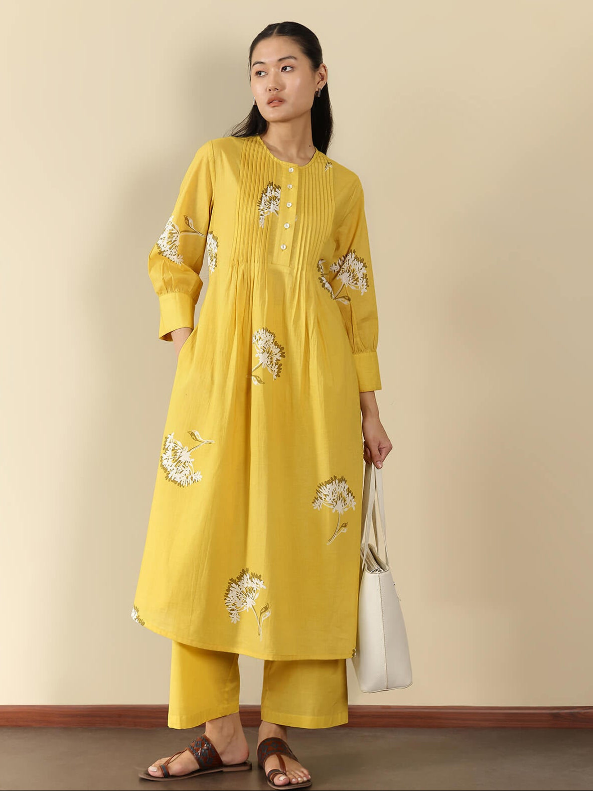 Cotton Floral A-Line Kurta Set - Yellow