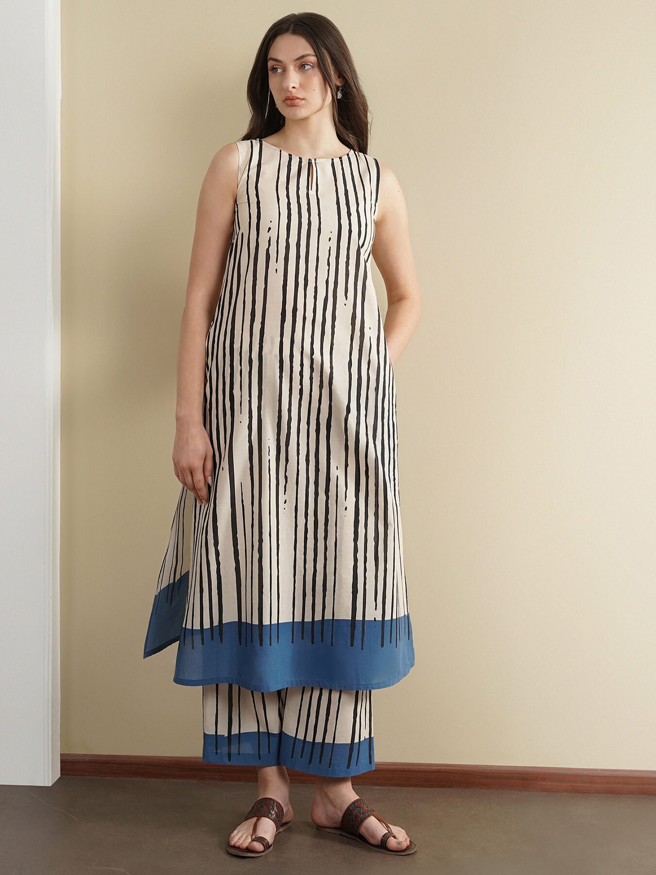 Cotton Striped Boat Neck Kurta Set - Off White