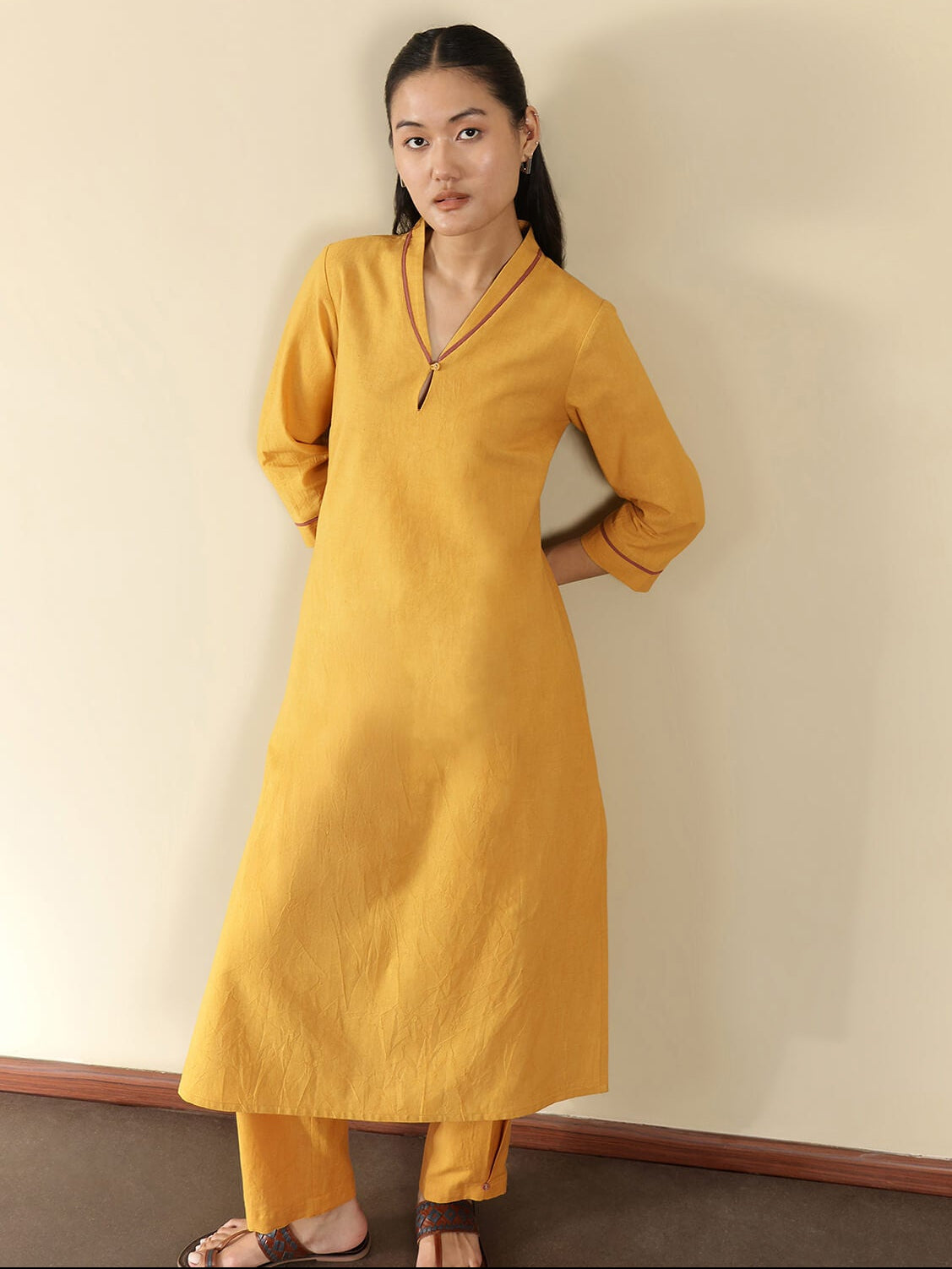 Linen Blend Solid A-Line Kurta Set - Yellow