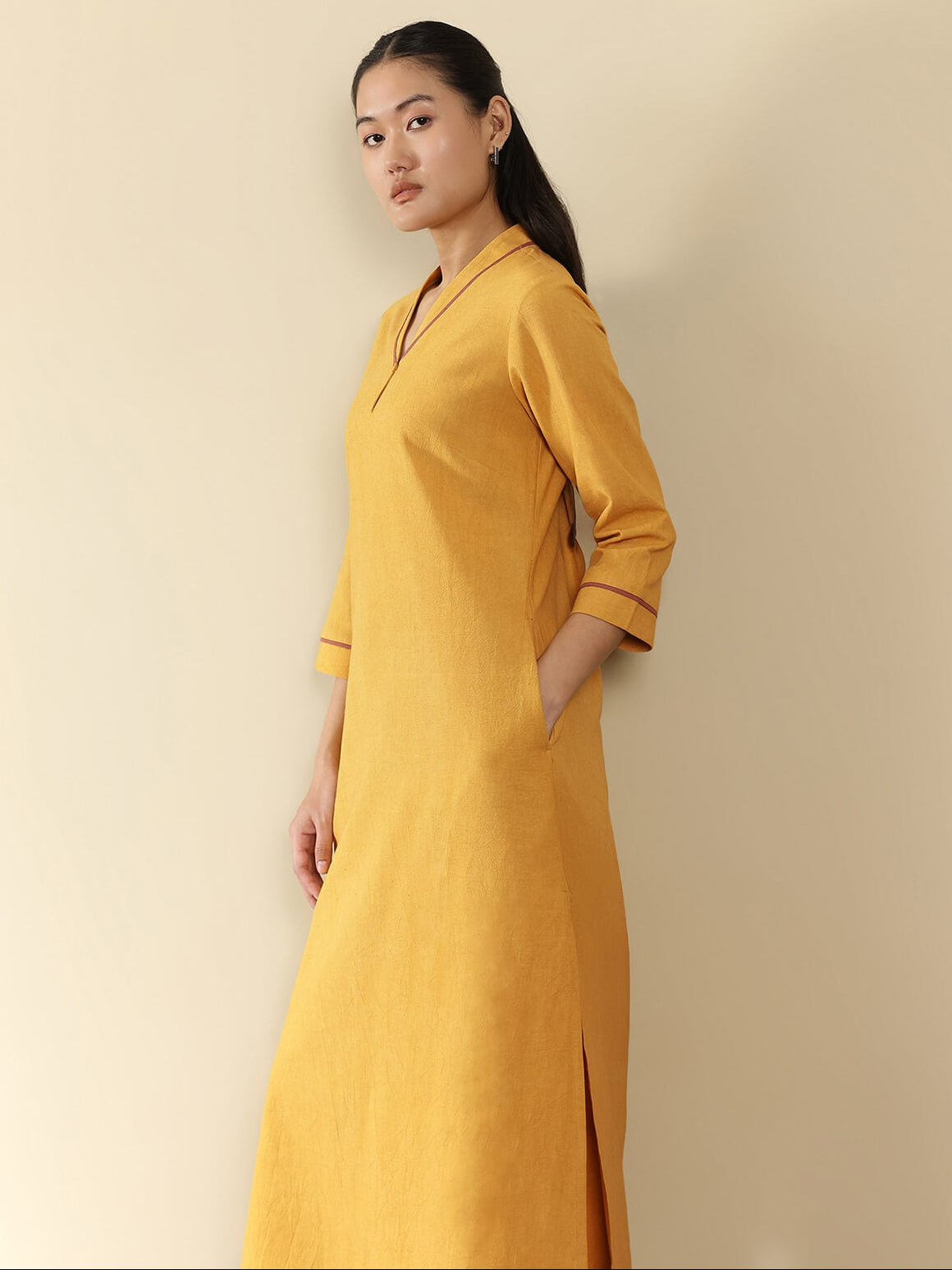 Linen Blend Solid A-Line Kurta Set - Yellow