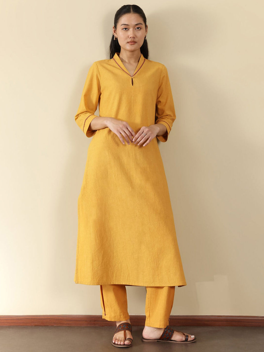 Linen Blend Solid A-Line Kurta Set - Yellow